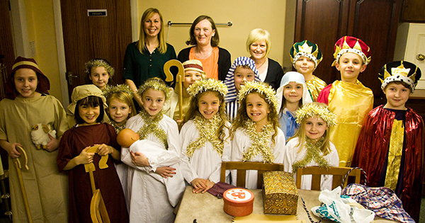 The Live Bethlehem 'actors' and organising team in the sacristy before their performance.